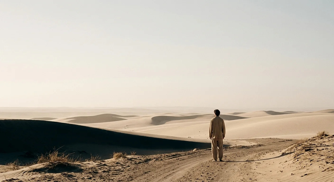 A figure standing alone in open desert dunes