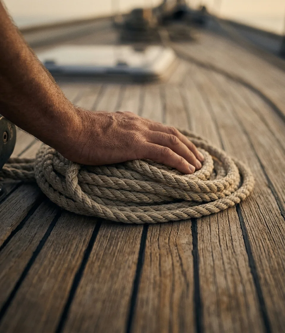 Deck-Detail, Hände an einer Leine
