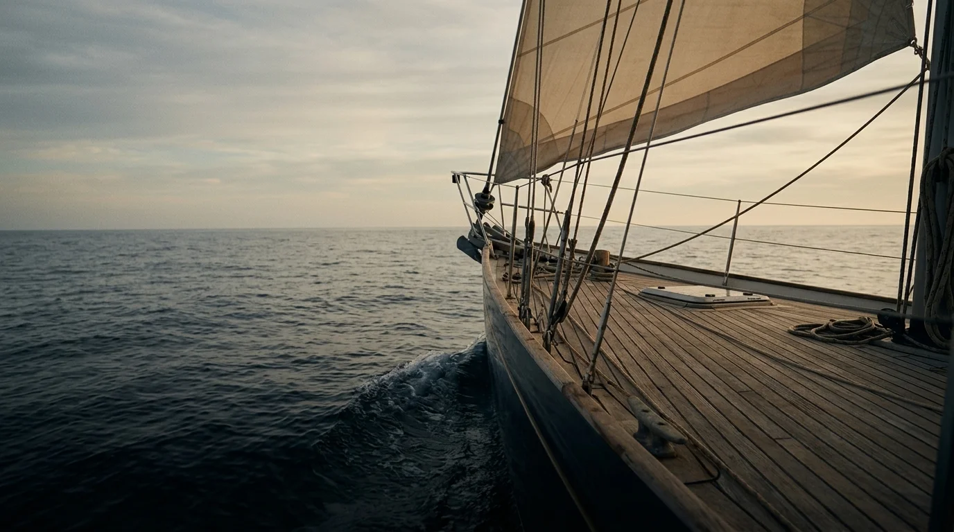 Bug einer Yacht unter Segeln, Teak, Horizont